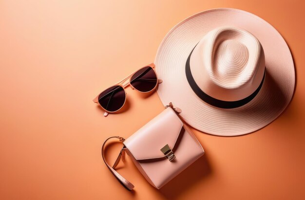 saco de mão chapéu óculos de sol em fundo cor de pêssego flatlay vista superior acessórios de moda de verão