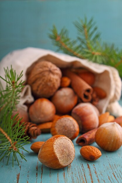 Saco de Natal com nozes e paus de canela, sobre um fundo azul