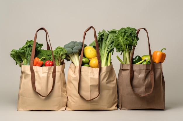 Saco de papel com frutas e legumes isolado do fundo