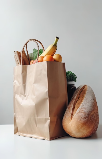 Saco de papel com legumes e garrafa de suco no fundo branco