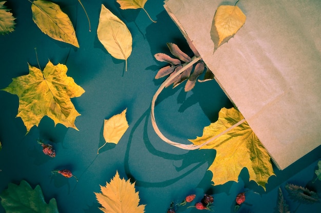 Saco de papel e folhas de outono em fundo de papel escuro