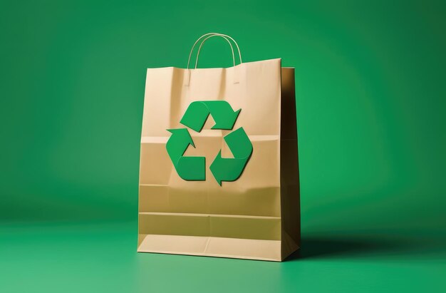 Foto saco de papel ecológico com sinal de reciclagem em fundo verde pacote com logotipo de setas