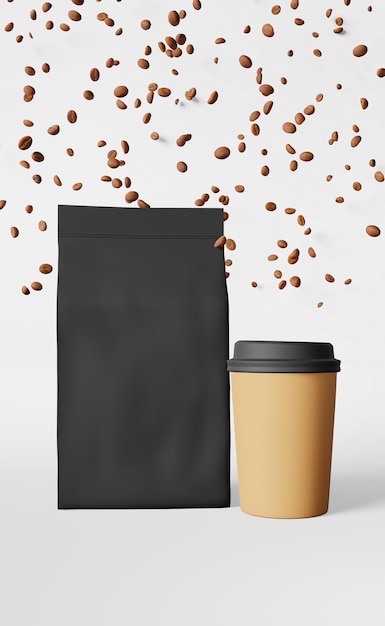 Saco de papel para copo de café, feijão caindo, renderização em 3D, demonstração de desconto, design de banner de venda de entrega de café