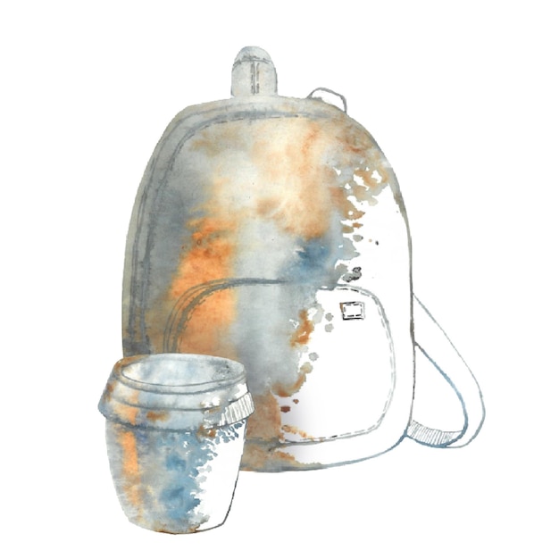 Saco desenhado à mão em aquarela isolado mochila mochila maleta caneca térmica xícara de café para viagem bilhete de trem bilhete de avião câmera fotográfica carimbo de chegada conjunto de viagem