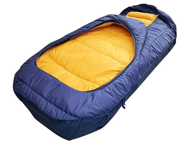 un saco de dormir azul y amarillo