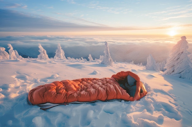 Saco de dormir rojo tumbado en la nieve en las montañas ropa