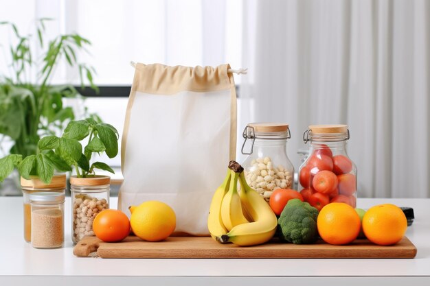 Saco ecológico no balcão da cozinha com comida em potes e frutas frescas Conceito de desperdício zero gerado por IA