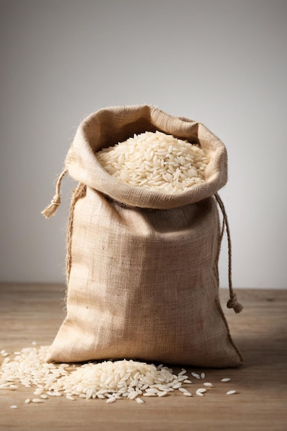 Un saco de fotografía de productos básicos de arroz crudo