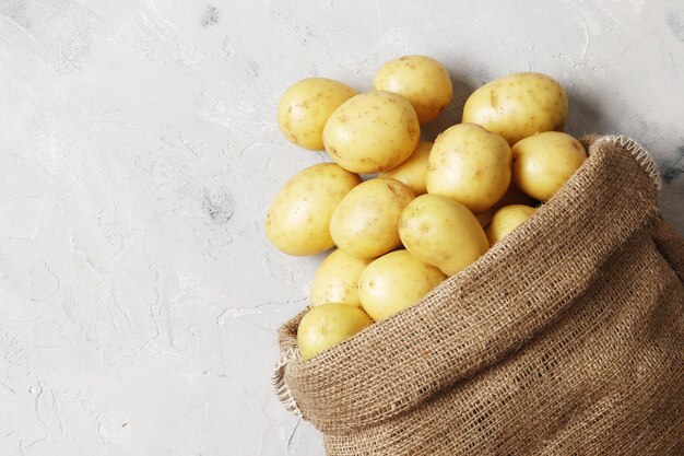 Saco lleno de patatas jóvenes sobre un fondo gris con lugar para texto