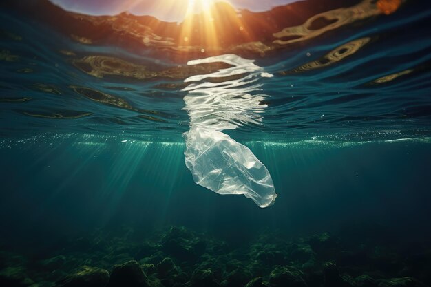 Foto saco plástico flutuando sob o oceano ou mar conceito de poluição e resíduos