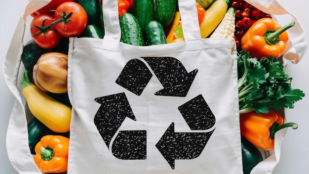 Saco reutilizável de vegetais e símbolo de reciclagem