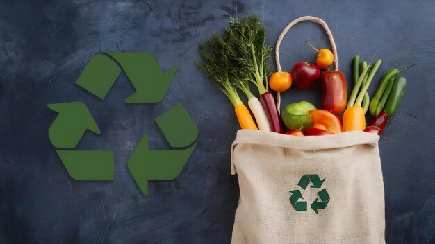 Saco reutilizável de vegetais e símbolo de reciclagem