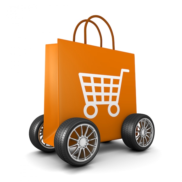 Foto sacola de compras com símbolo de carrinho e rodas