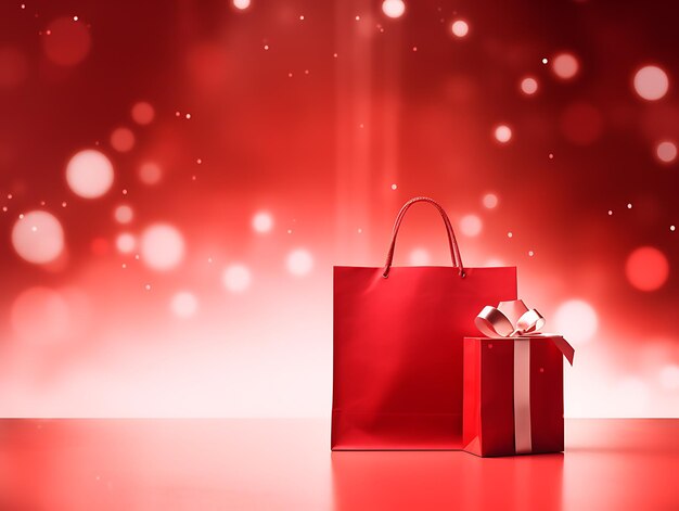 Sacola de compras vermelha e caixa de presente em um fundo vermelho conceito de banner de venda de ano novo