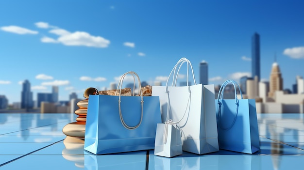 Sacolas de compras brancas e presentes em fundo azul renderização em 3d