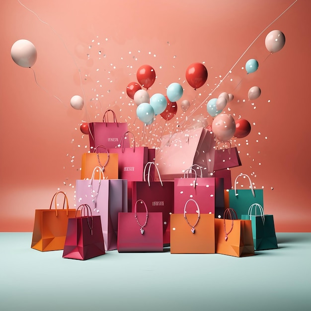 Sacolas de compras e balões em um fundo rosa