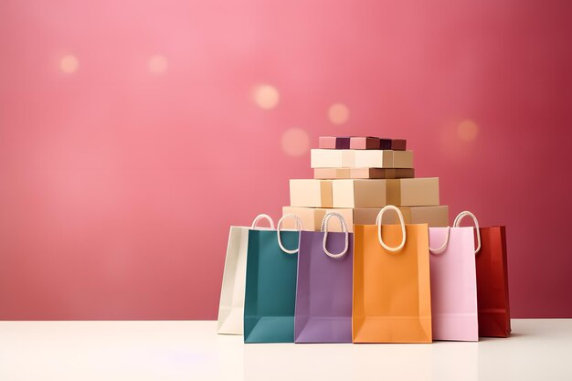 sacolas de compras e uma caixa de presente em um fundo colorido de espaço de cópia