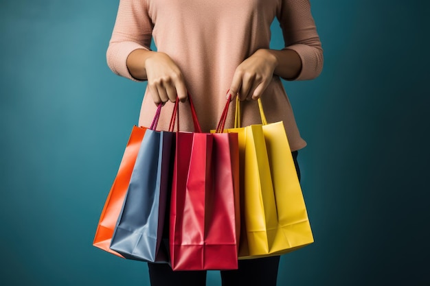 Sacolas de compras multicoloridas Mão segurando sacolas de compras IA generativa