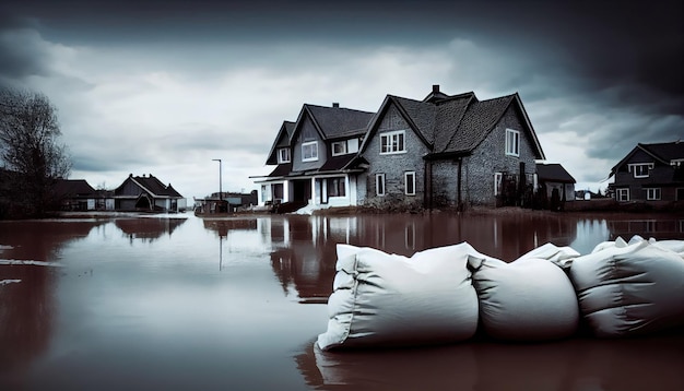 Sacos de arena de protección contra inundaciones con una ciudad de fondo con tecnología de IA generativa