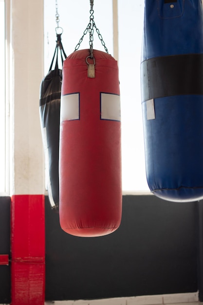 Sacos de boxeo colgando dentro de un gimnasio con luz de fondo