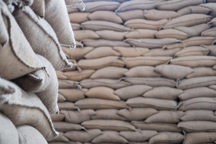 Sacos del cáñamo que contienen el grano de café en almacén.