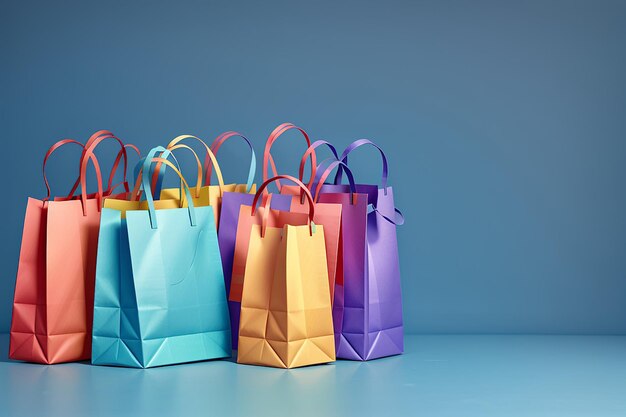 Sacos de compras de papel coloridos isolados em fundo azul