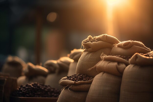 Foto sacos de juta empilhados de grãos de café colombianos no pôr do sol