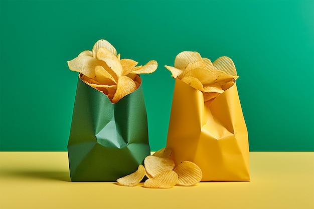 sacos de papel amarelo e verde com batatas fritas em amarelo