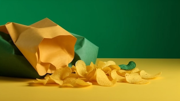 Sacos de papel amarelo e verde com batatas fritas em backgroundgenerative amarelo e verde