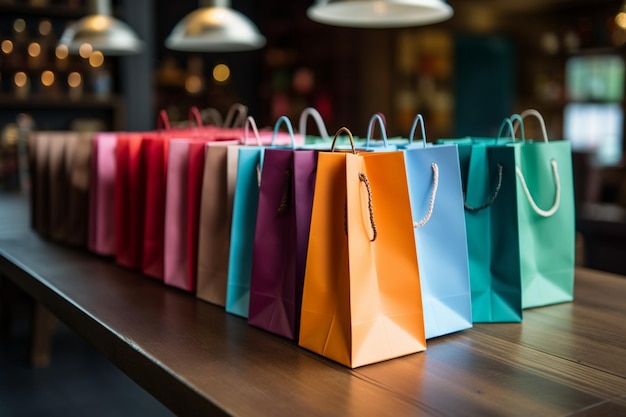 Sacos de papel coloridos organizados ordenadamente trazendo um toque animado à mesa