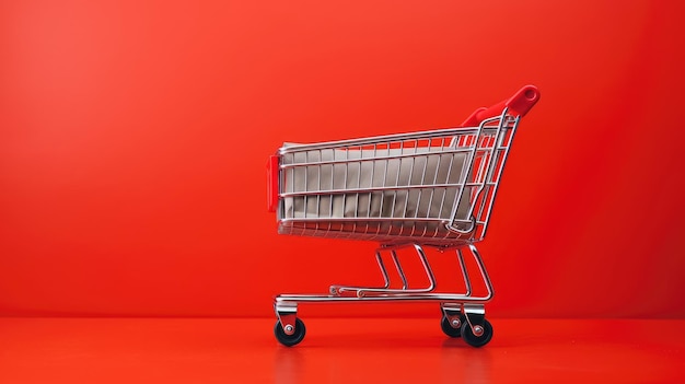 Sacos de papel de compras em carrinho de carrinho em fundo vermelho