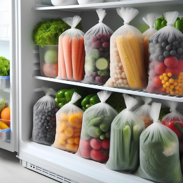 Sacos de plástico com legumes congelados em prateleiras brancas na geladeira