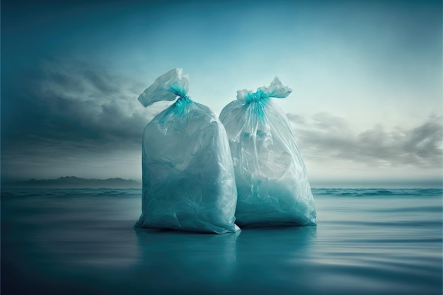 Sacos de plástico no oceano sujo do mar Feito por IAInteligência artificial