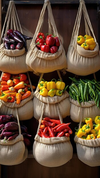 Sacos de vegetais coloridos variados pendurados numa parede Mercados de alimentos sustentáveis Exposição de mercearia