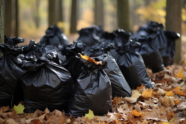 Sacos plásticos pretos cheios de folhas caídas