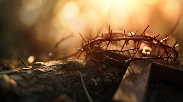 Foto sacralidade da paixão de jesus com uma cruz de madeira e uma coroa de espinhos iluminada por uma luz abstrata