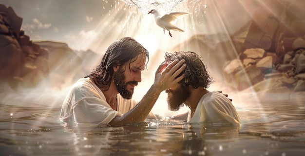 Sacro batismo ritual de Jesus João Batista administra o rito sagrado no rio Jordão simbolizando a purificação e a comissão divina