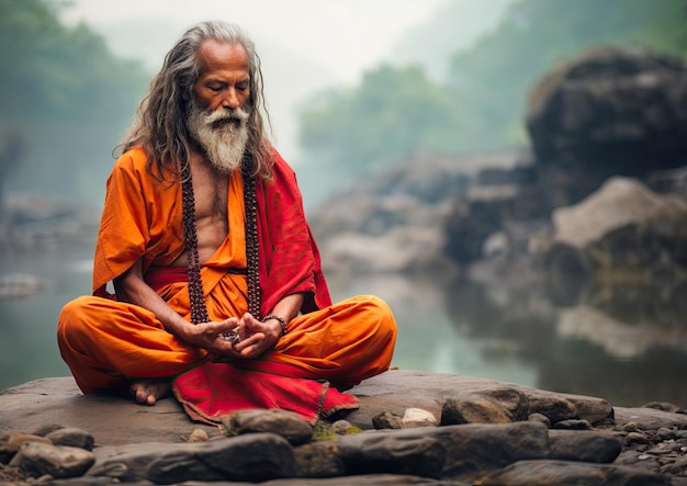 Foto sadhu sentado em uma rocha e meditando no rio