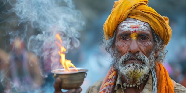 Foto sadhus hindúes realizan un ritual con fuego sagrado