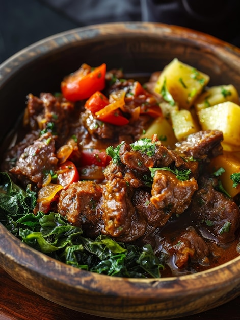 Sadza de Zimbabue en un cuenco de madera con un lado de verduras y estofado de carne Un plato tradicional y abundante de Zimbibue