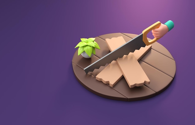 Säge mit Holzbrettern 3D-Illustration