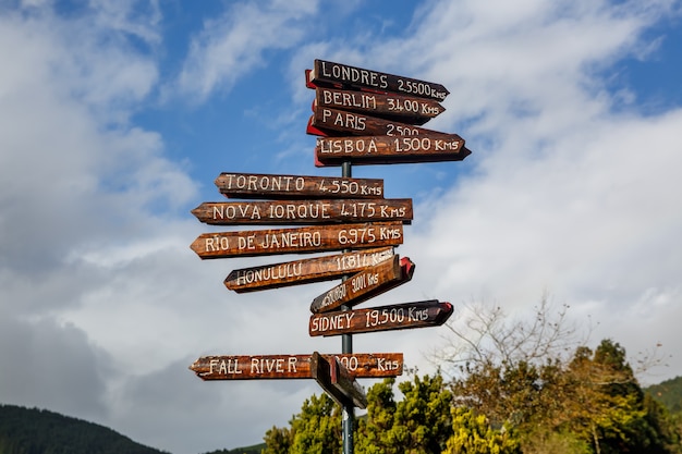 Säule mit Richtung zu verschiedenen Hauptstädten der Welt. Entfernungen von den Azoren, Portugal