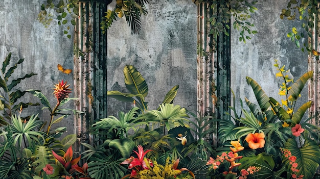 Säulen in den Tropen auf einem textierten Hintergrund in einem Aquarell-Stil Foto-Hindtapeten im Innenraum KI-generierte Illustration