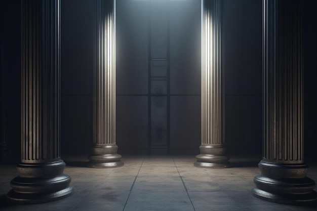 Säulen in einem dunklen Raum, durch die Licht kommt