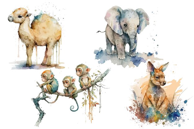 Foto safari animal set macacos pendurados em um galho elefante camelo canguru em estilo aquarela ilustração vetorial isolada