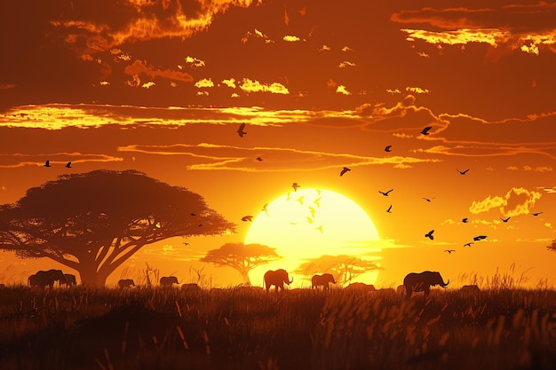 Foto safari ao pôr-do-sol com silhuetas de vida selvagem vagando