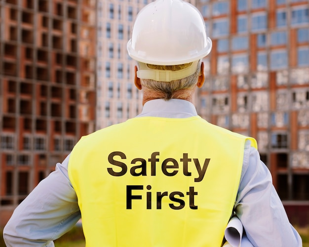 Foto safety first-konzept mit arbeiter