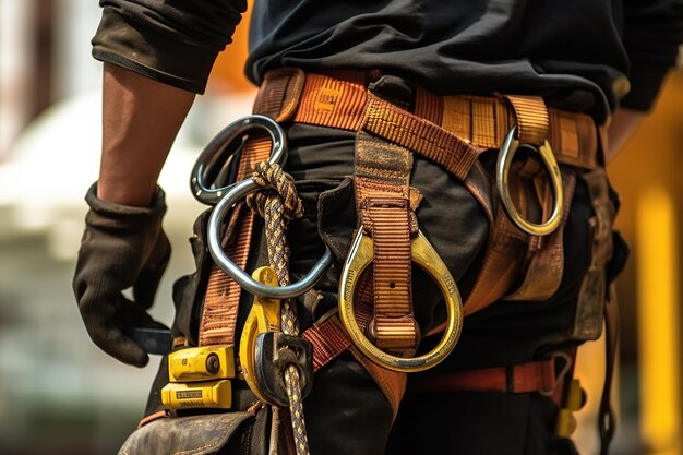 Safety First Worker con ganchos para arnés corporal en enfoque selectivo