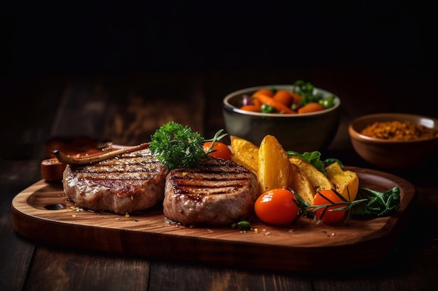 Saftige, appetitliche Steaks auf einem Holzbrett. Restaurant mit generativer KI