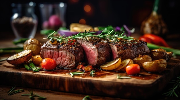 Saftige, dicke, saftige Portionen gegrilltes Filetsteak mit Kartoffeln und Tomaten